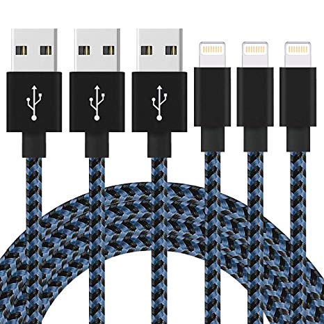 Aonsen Phone Cable 3Pack 3FT 6FT 10FT Nylon Braided USB Charging & Syncing Cord Compatible with Phone XS MAX XR X 8 8 Plus 7 7 Plus 6s 6s Plus 6 6 Plus - Black Blue