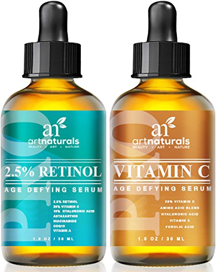 Art Naturals Organic 20% Vitamin C Serum 1.0 oz & 2.5% Vitamin A (Retinol) Serum 1.0 oz - Holiday Gift Set - Best Anti Wrinkle & Dark Circle Remover (Morning & Night Anti Aging Therapy)