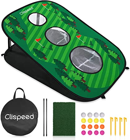 CLISPEED Golf Mat Chipping Net, Collapsible Portable 3 Holes Cornhole Game Set for Adults & Kids Summer Backyard Lawn Outdoor Activities (Style 2)