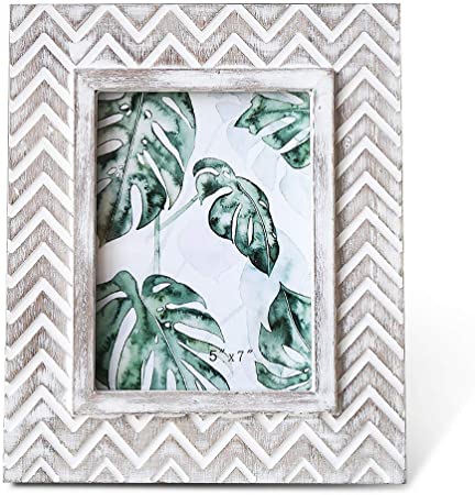 BOLUO Moroccan Picture Frames Rustic 5x7 Distressed White Chevron Herringbone Photo Frame Indian Carved Wood (W-5x7)