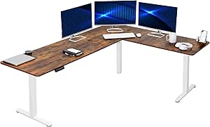 VIVO Electric Height Adjustable 84 x 63 inch Corner Stand Up Desk, Rustic Vintage Brown Table Top, White Frame, L-Shaped Standing Workstation, 3CT Series, DESK-E3CTWN-84