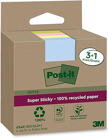 Post-it Super Sticky 100% Recycled Notes, Pack of 3+1 Free Pads, 70 Sheets per Pad, 76 mm x 76 mm, Pink, Green, Yellow, Blue - Extra Sticky Notes Made from 100% Recycled Paper