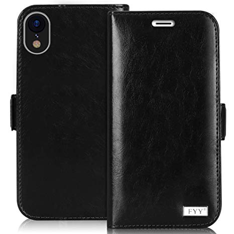 FYY Case for iPhone Xr (6.1") 2018, [RFID Blocking] [Kickstand Feature] Premium Leather Handmade Wallet Case with Card Slots Pockets for iPhone Xr (6.1") 2018 Black