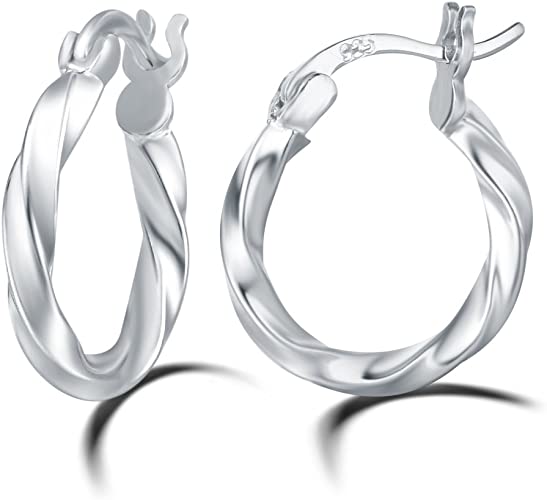 Carleen White Gold Plated 925 Sterling Silver High Polished Twisted Round Click-Top Large/Big Huggie Piercing Hoop Earrings for Women Girls