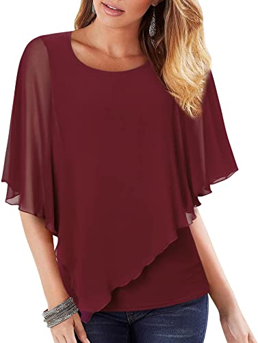 Lotusmile Women's Lightweight Flowy Shirt Double-Layered Printed Chiffon Poncho Blouse Top