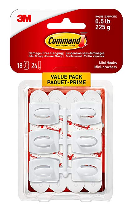 Command Mini Hook Value Pack, Mini, White, 18 Hooks 24 Small Strips
