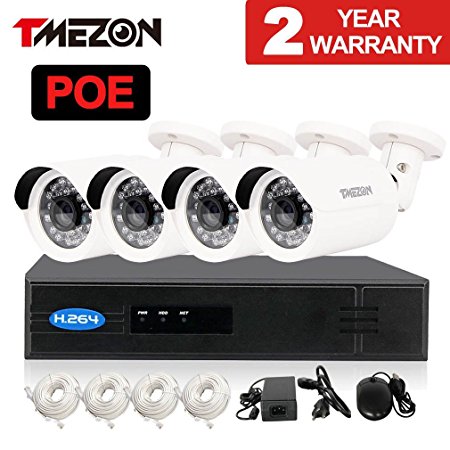 TMEZON 8ch 720P 1080P Onvif NVR HD 4x 720P Outdoor Day Night Vision IP Surveillance Camera Kit PoE 1.0MP CCTV HDMI Security Camera System P2P Smartphone Scan QR Code Quick View NO HDD