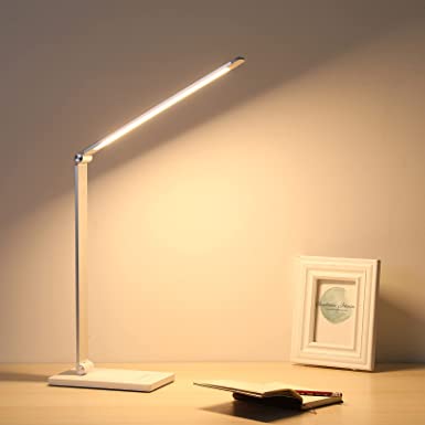 LED Desk Light, Desk Lamp with USB Charging Port Touch Lamp 5 Color Modes Dimmalbe Brightness 7W Eye-Care Reading Lamp Auto Timer Table Light Study Home Office Dorms Workshops Studios Silver White