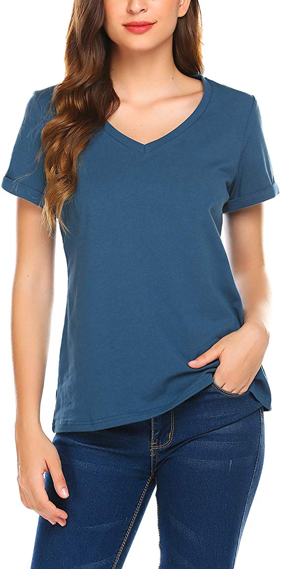 Meaneor Women's V-Neck Shirts Short Sleeve Loose Casual Tee T-Shirt