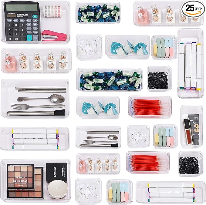 Cq acrylic 25 PCS Clear Drawer Organizers Set,4 Sizes Plastic with Vanity Storage Bins,Desk Drawer Dividers Trays Pads for Makeup,Bathroom and Kitchen