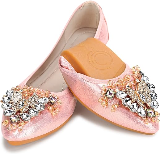 KUNWFNIX Women Ballet Flats Rhinestone Wedding Ballerina Shoes Foldable Sparkly Comfort Slip on Flat Shoes