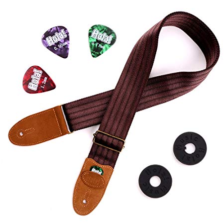 Guitar Strap for Acoustic, Electric and Bass Guitars, Fits also Mandolins and Ukuleles by Hola! Music, Pro Series with Genuine Leather Ends, Pick Pocket, 3 Picks and 2 Strap Locks - Brown
