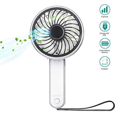 Mini Handheld Fan Portable, PJS Hand Held Personal Fan USB Rechargeable Battery Operated Desktop Folding Fan with 3 Speeds for Home, Office, Travel, Outdoor and Other Activities (White)