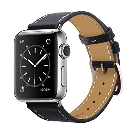 Apple Watch Band 38mm, Marge Plus Genuine Leather iwatch Band Replacement Strap with Stainless Metal Clasp for Apple Watch Series 2, Series 1, Sport, Edition, -- Black