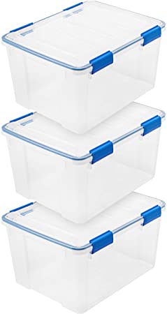 IRIS USA WSB-SD 44 Quart WEATHERTIGHT Multi-Purpose Storage Box, Clear with Blue Buckles, 3 Pack