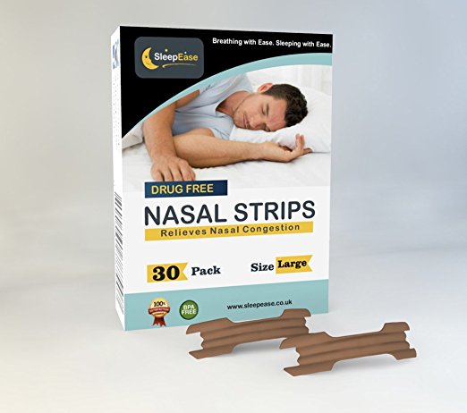 SleepEase PREMIUM Nasal Strips! STOP SNORING & NASAL CONGESTION NOW! - 30 Large Sized Nasal Strips To Fit Majority Of Noses - One Month's Supply - Designed To Stop Nasal Congestion, Heavy Breathing, Snoring & Sleep Apnea.