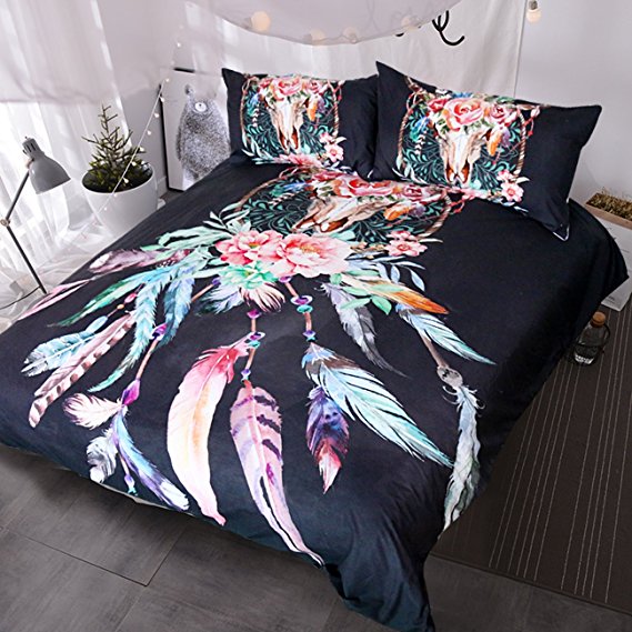 Blessliving Buffalo Skull with Feathers Dreamcatcher Bedding Southwestern Boho Chic Duvet Cover Colorful Tribal Bed Set (Queen, Black)