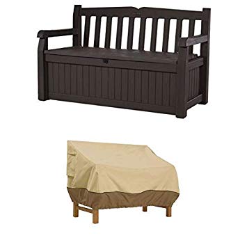 Keter Eden 70 Gallon All Weather Outdoor Patio Storage Garden Bench Deck Box with Bench Cover - Durable and Water Resistant Patio Set Cover