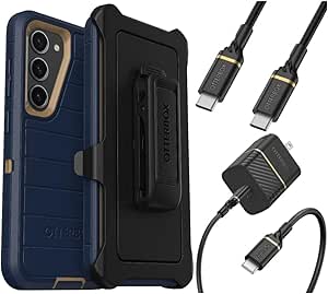 OtterBox Galaxy S23 (Only) Bundle: - Defender Series Case - Blue Suede Shoes - Holster Clip Included - Microbial Defense Protection - USB-C to USB-C Wall Charging Kit, 20W.