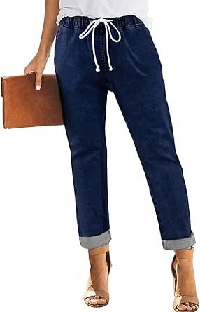 Sidefeel Women's Denim Stretch Joggers Drawstring Elastic Waist Pull On Jeans with Side Pocket