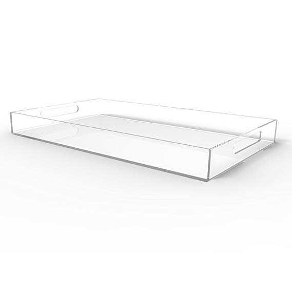 WOOSAL 16 Inch Spill-Proof Acrylic Lucite Rectangular Decorative Serving Tray with Handles (Clear)