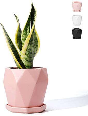 POTEY Geometric Ceramic Plant Pot Pink - 4.9 Inch Diamond Planter for Indoor Plants Flower Succulent with Drainage Hole & Saucer(Plant NOT Included)