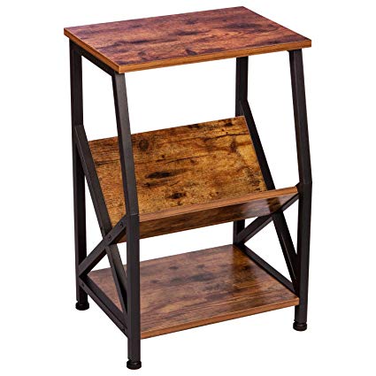 IRONCK End Tables Living Room,Nightstand Side Table with Storage Shelf, Wood Look Accent Industrial Home Furniture, MDF Board with Mrtal Frame, Vintage Brown