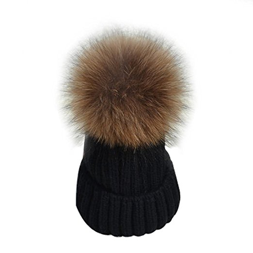 FURTALK Womens Girls Winter Fur Hat Real Large Raccoon Fur Pom Pom Beanie Winter Hats