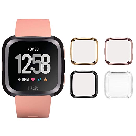 Tranesca Fitbit Versa Case with Built-in TPU Screen Protector for Fitbit Versa - 4 in a Pack (Black, Rose Gold, Gold, Clear)