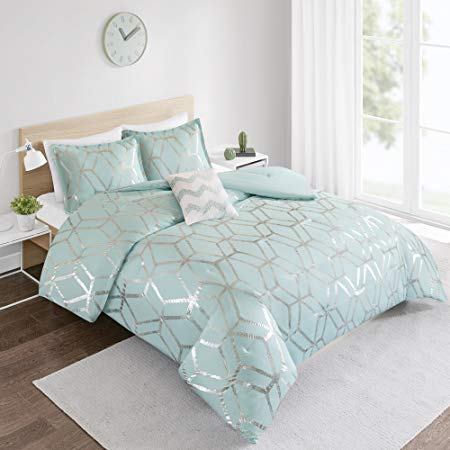 Comforter Set Queen Bedding Set - Vivian 4 Piece Aqua Blue/Silver - Geometric Metallic Print - Hypoallergenic Soft Microfiber Lightweight All Season Queen Comforter - Fits Full/Queen