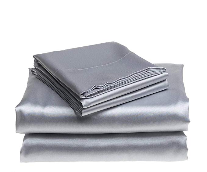 Bedding Emporium 100% Pure Silk Satin Sheet Set 7pcs, Silk Fitted Sheet 15'' Deep Pocket,Silk Flat Sheet,Silk Duvet Cover & Pillowcases Set !!! King, Silver Grey