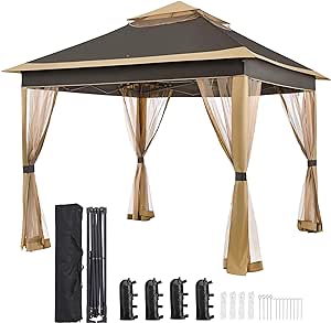 Yaheetech 11x11 Pop Up Gazebo Outdoor Canopy Shelter, Instant Patio Gazebo Sun Shade Canopy Tent with 4 Sandbags, 2 Tiers Roof & Mesh Netting for Lawn, Garden, Backyard & Deck, Brown