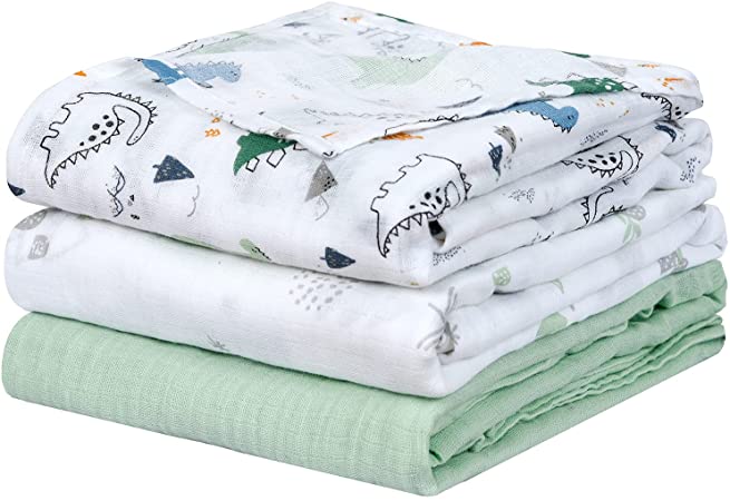 PHF 100% Cotton Muslin Swaddle Blankets, Super Soft Breathable Comfortable Baby Blankets Swaddle Wrap Set, Large 47 x 47 inches Receiving Blanket for Infant Baby Boys,3 Pack-Dinosaur/Woodland/Green