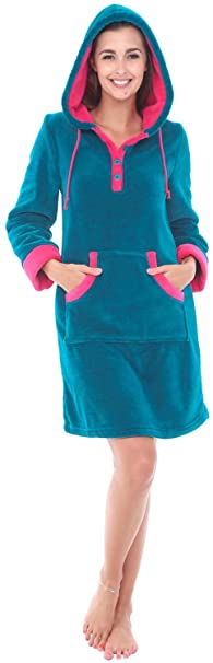 Alexander Del Rossa Womens Fleece Nightgown, Hooded Pullover Lounger with Pockets