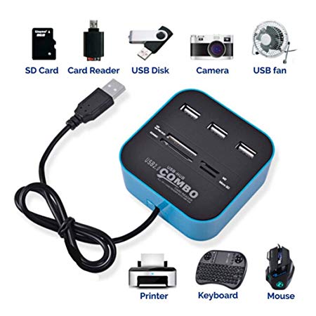 Freshzone USB 2.0 hub Combo Multi Card Reader With 3 Ports For MMC/M2/MS,Blue