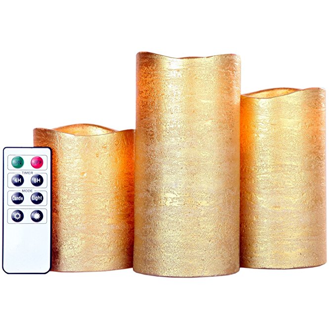 Lily's Home Everlasting Flameless LED Candles, With Remote and Timer, Set of 3 Candles - Gold