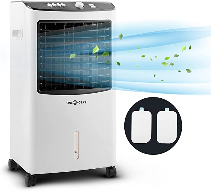 OneConcept MCH-2 V2 - Rafraîchisseur d'air, Humidificateur, Ventilateur, Refroidisseur, 65W, 360m³/h, 3 Vitesses, 4 Roulettes, Minuterie jusqu'à 2h, Filtre poussière, Réservoir 7L - Blanc