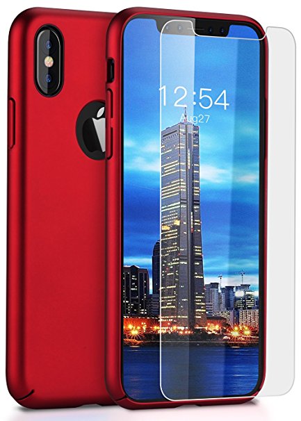 iPhone X Case, BASSTOP Slim Fit Shell for Girls Hard PC Full Protective Cover Case With Tempered Glass Screen Protector for Apple iPhone X,iPhone 10 (Red)