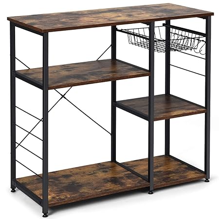 Giantex Kitchen Baker's Rack Industrial Style Microwave Oven Stand With Wire Basket, 6 Hooks, 3 Storage Shelves, Standing Coffee Bar Table Metal Frame (Rustic Brown)