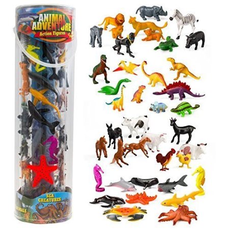 Giant Animal Action Figure Set - Big Bucket of Ocean, Dinosaur, Safari, and Farm Animals - 40 Figures in All!