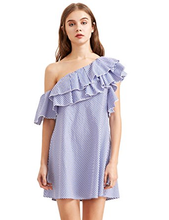 ROMWE Women's Striped One Off Shoulder Ruffle Mini Party Dress