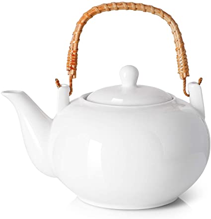 DOWAN Porcelain Teapot, 40 Ounces Tea Pot, Large Enough for 5 Cups, Rattan Design