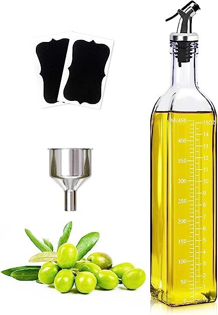 Leaflai Glass Olive Oil Dispenser - 500ml Glass Oil and Vinegar Dispenser with 1 Funnel, 2 Labels, Olive Oil Bottle for Kitchen, Cooking, Baking,BBQ