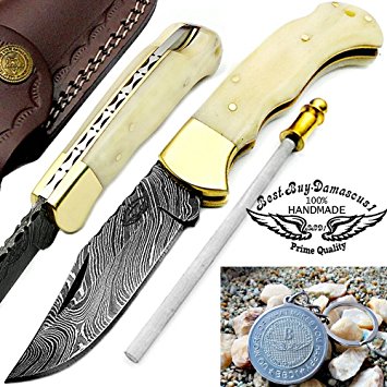 Camel Bone 6.5'' Handmade Damascus Steel Brass Bloster plus Sharpening Rod Folding Pocket Knife Back Lock 100% Prime Quality