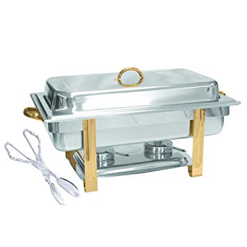 Tiger Chef 8 Quart Full Size Buffet Chafing Dish Set with Gold Accents and Plastic Serving Tong