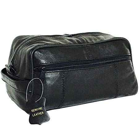 Lifestyle Banquet Genuine Mens Leather Toiletry Travel Bag with Pockets, Black, 5.5 by 9.5 inches