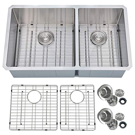 PRIMART PHU33DO Handcrafted 33" Inch 60/40 Double Bowl Undermount 16 Gauge Stainless Steel Kitchen Sink With Bottom Grid