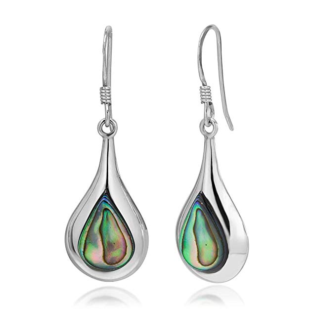 925 Sterling Silver Inlay Puffed Teardrop Shaped Turquoise, Abalone, Red Coral Dangle Earrings 1.4”