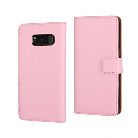 Samsung Galaxy S8 Galaxy S8 Plus PINK Real Genuine Leather Stand Wallet Flip Case Top Quality Book Style Leather Case Credit Card Slot(Samsung Galaxy S8)