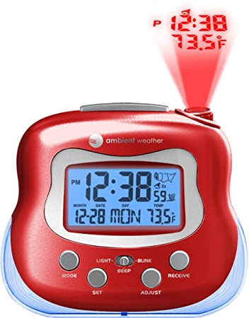 Ambient Weather RC-8370 Radio Controlled Projection Clock with Indoor Temperature (Red)